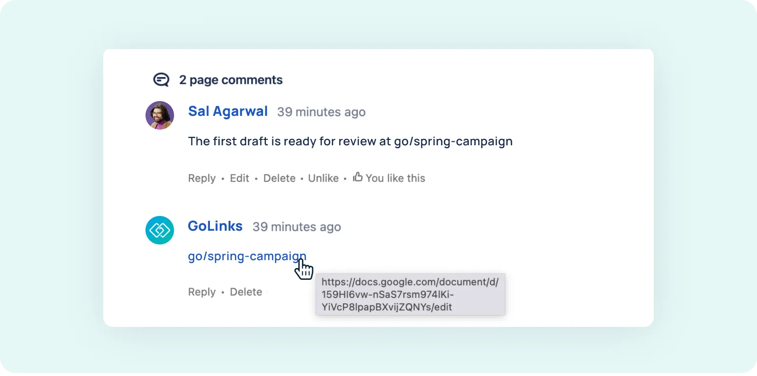 GoLinks® in Confluence comments